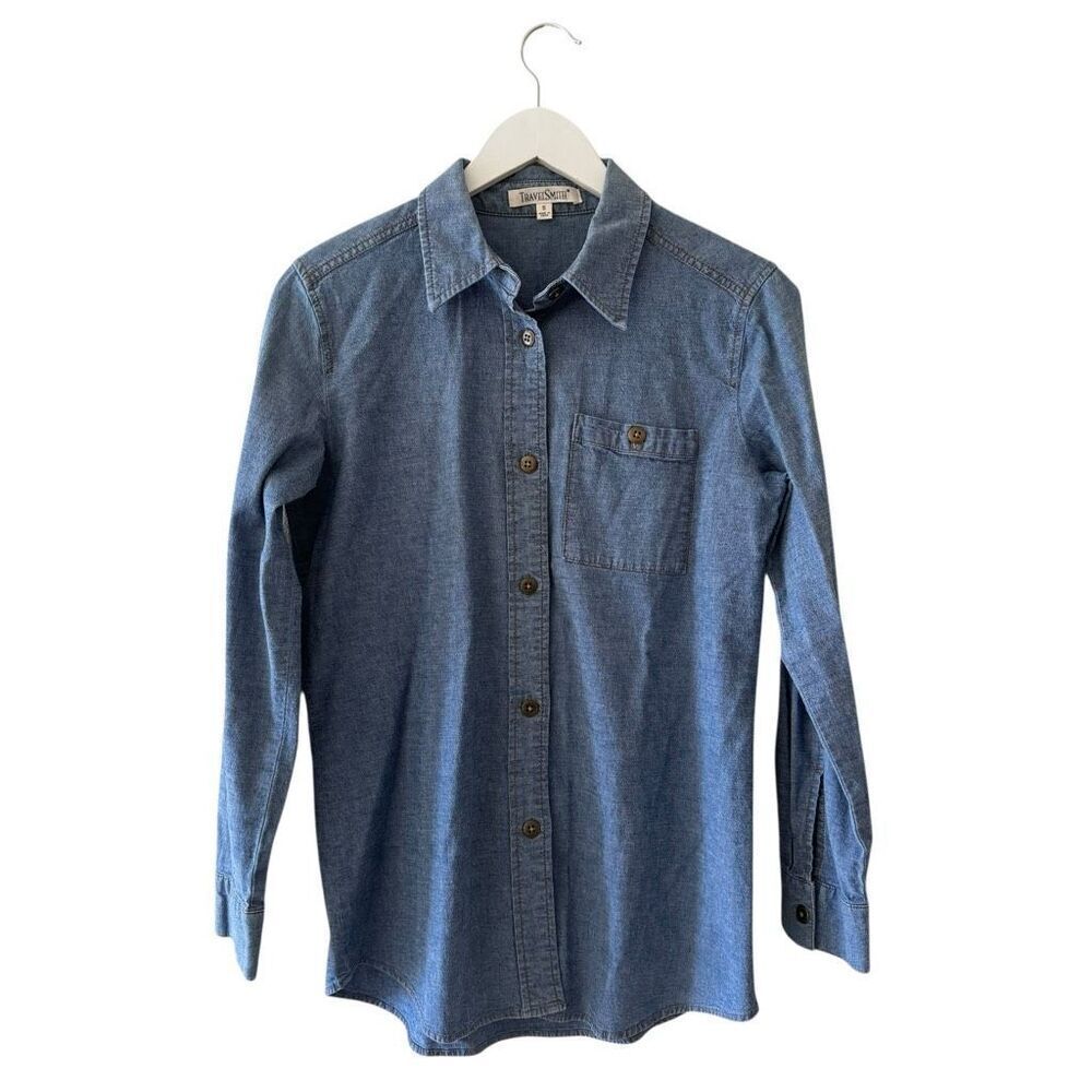 TravelSmith denim button-down casual chambray blue cotton blend shirt SZ S #2520